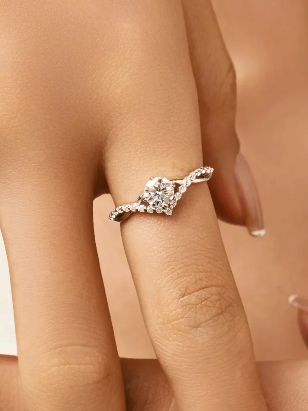 Moissanite (Diamond alternative) Silver Solitaire Twist Pave Engagement Ring 6.5